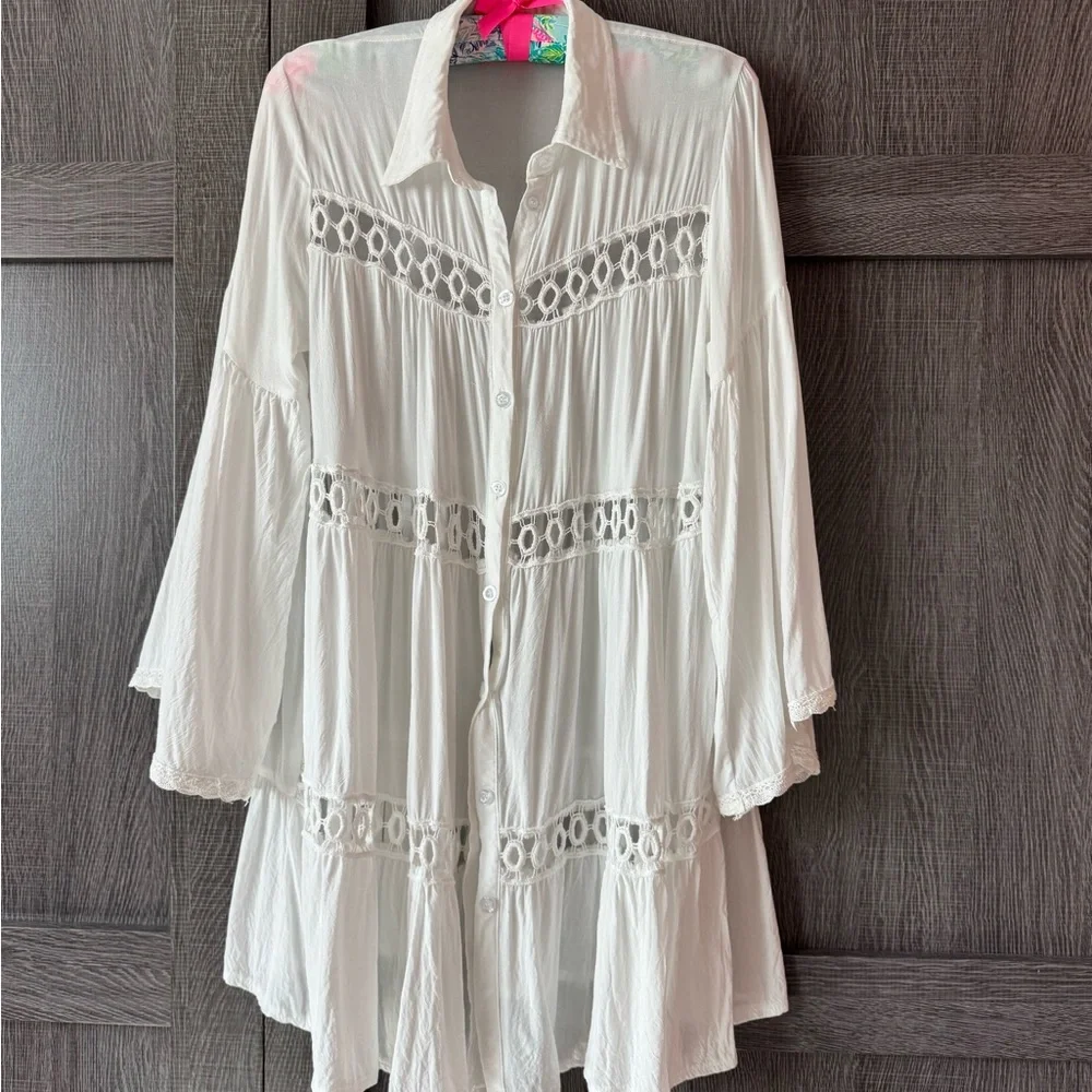 🦩🌴BOHO Beach cover up White Button-Up Tunic with Lace Details🌴🦩 - Picture 3 of 12